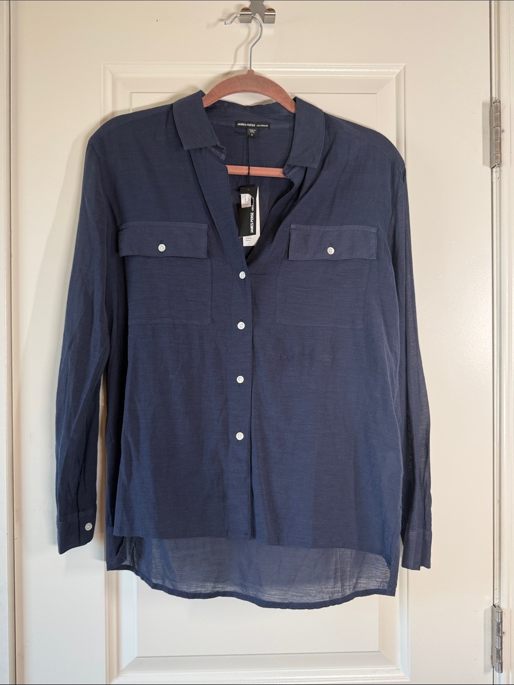 James Perse Navy Semi-Sheer Button-Down Shirt with Pockets